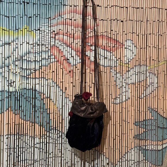 Velvet + Leather Small Drawstring Bucket Bag, Multi-Color with Velvet Flowers - Picture 14 of 15